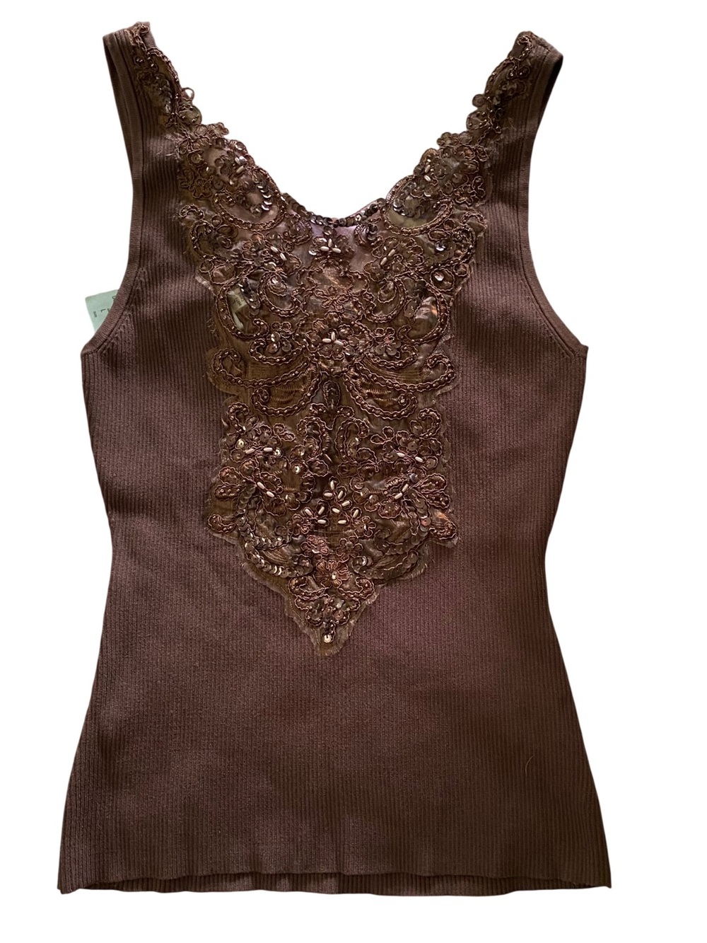 NWT Vintage Caché Y2K Brown Beaded Sequin Lace Ribbed Tank Top Boho L Fairycore